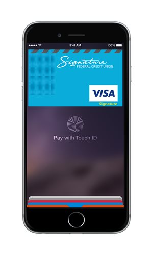 Phone with credit card image on it showing what apple pay looks like