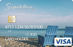Create a card example image of beach chairs along the water.