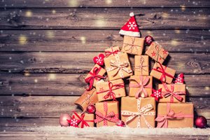 Pile of Christmas presents with red bows